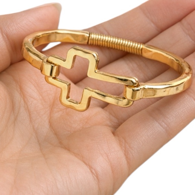 Gold Hammered Hinged Cross Bangle Bracelet Faith Jewelry C4